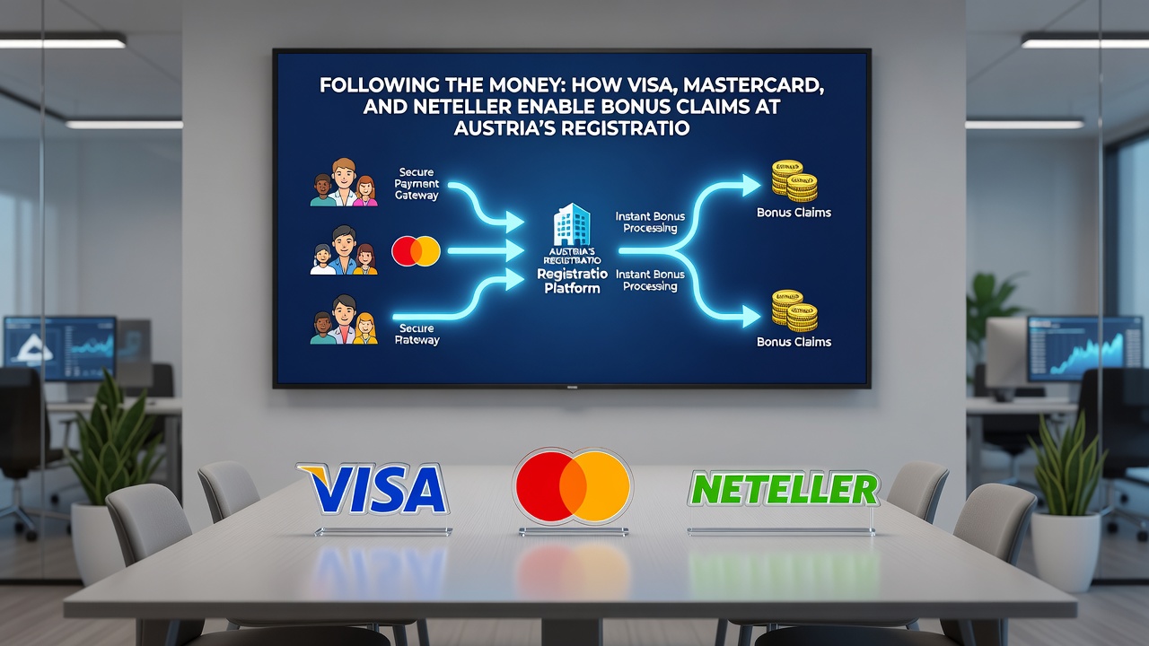 Secure payment gateway interface illustrating Neteller wallet transfers linked to Visa and Mastercard at Austrian casino sites